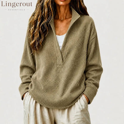 Waffle Textured Half Zip Stand Collar Long Sleeve Top