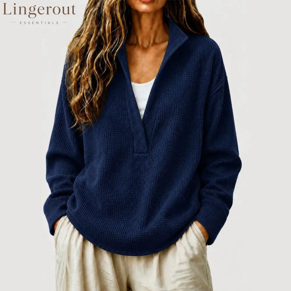 Waffle Textured Half Zip Stand Collar Long Sleeve Top