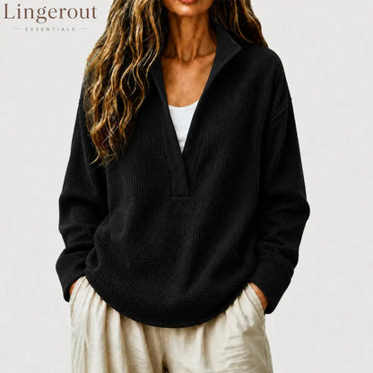 Waffle Textured Half Zip Stand Collar Long Sleeve Top - Black / S