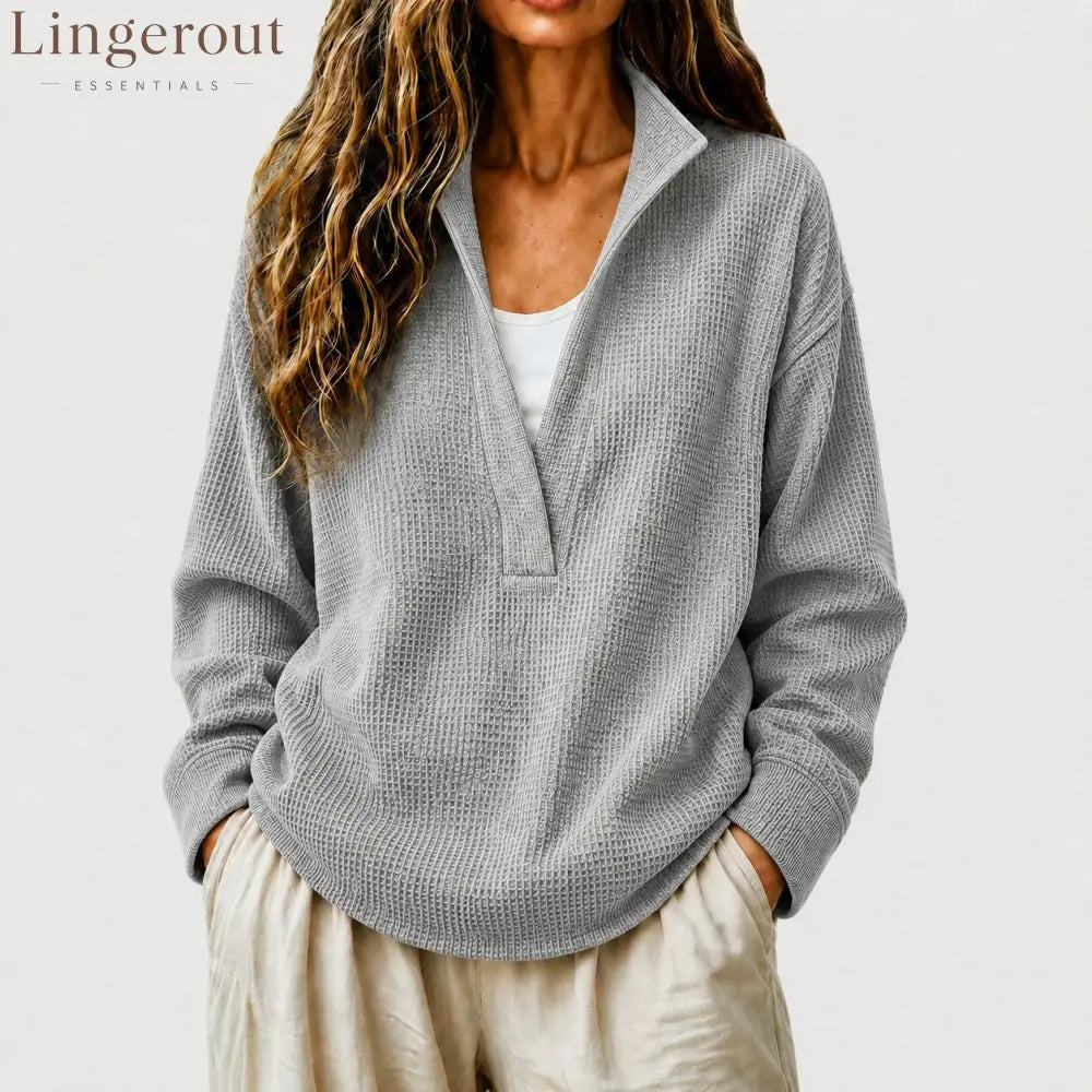 Waffle Textured Half Zip Stand Collar Long Sleeve Top - Grey / S