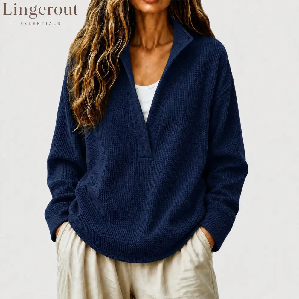 Waffle Textured Half Zip Stand Collar Long Sleeve Top - Navy blue / S