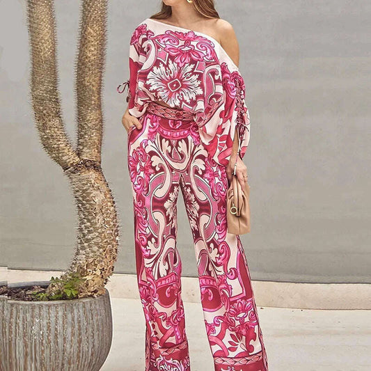 Ensemble deux‑pièces pour femme, style décontracté et tendance, imprimé, haut à une épaule avec cordon de serrage, fronces, ample et avec poche, associé à un pantalon à jambes larges