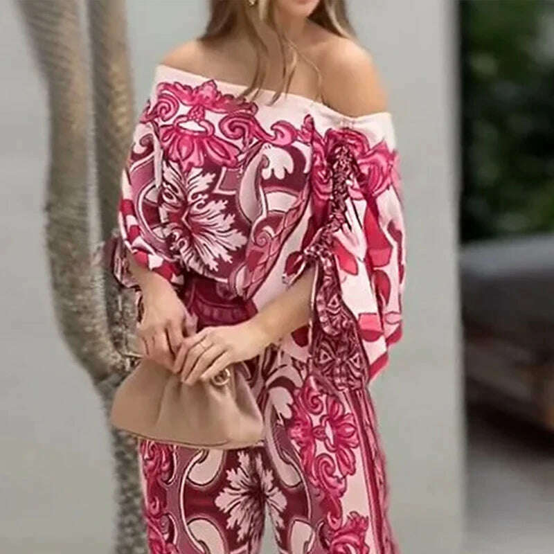 Ensemble deux‑pièces pour femme, style décontracté et tendance, imprimé, haut à une épaule avec cordon de serrage, fronces, ample et avec poche, associé à un pantalon à jambes larges
