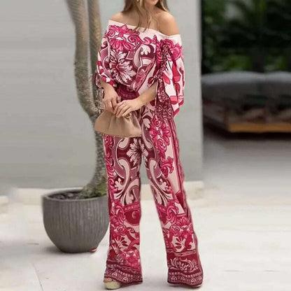 Ensemble deux‑pièces pour femme, style décontracté et tendance, imprimé, haut à une épaule avec cordon de serrage, fronces, ample et avec poche, associé à un pantalon à jambes larges