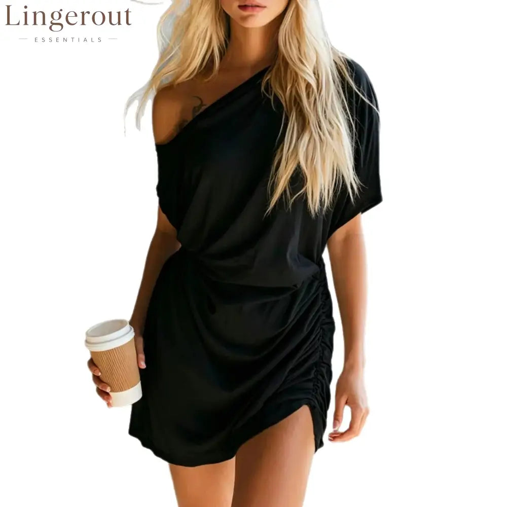 Women One Shoulder Ruched Side Mini T-Shirt Dress