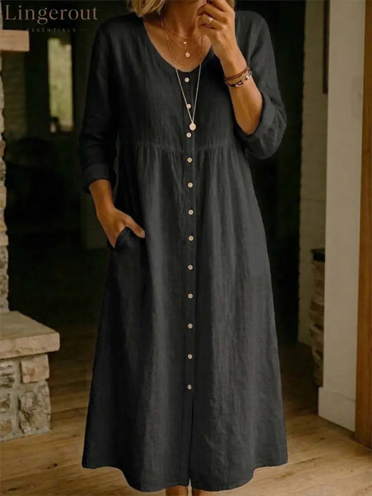 Women Plain Spring/Fall Dress Long Sleeve A-Line Dress - Black / S