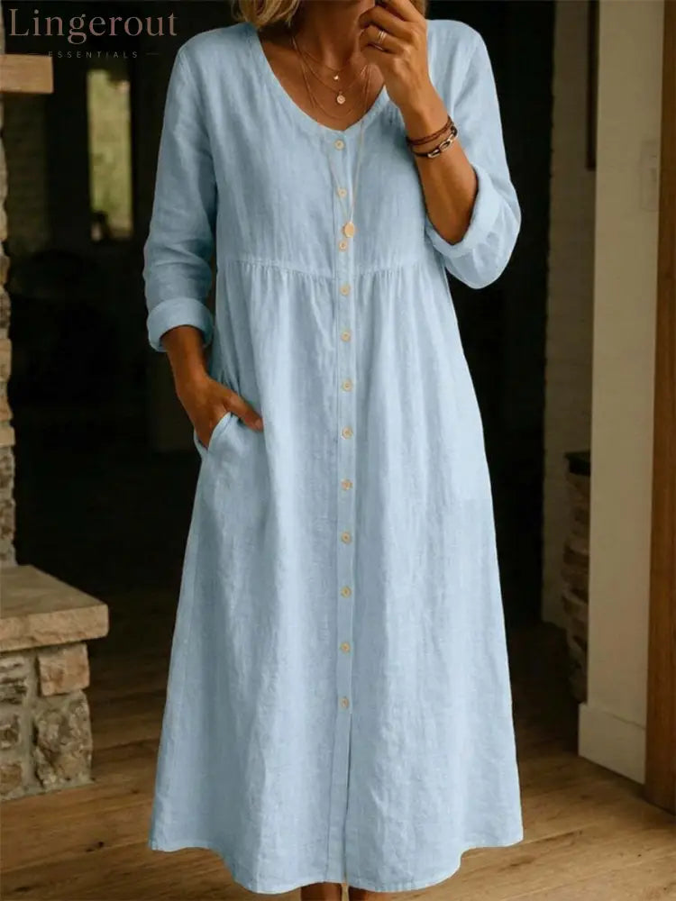 Women Plain Spring/Fall Dress Long Sleeve A-Line Dress - Light blue / S