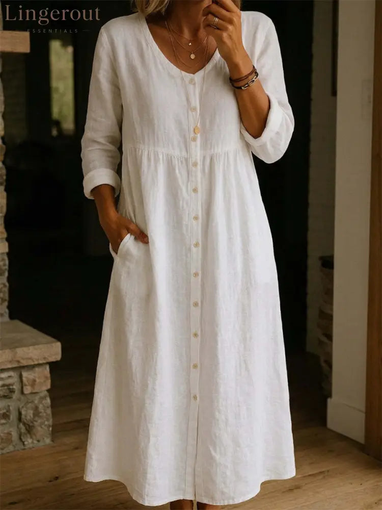 Women Plain Spring/Fall Dress Long Sleeve A-Line Dress - White / S