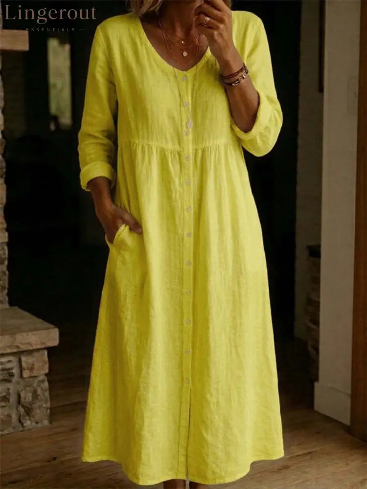 Women Plain Spring/Fall Dress Long Sleeve A-Line Dress - Yellow / S