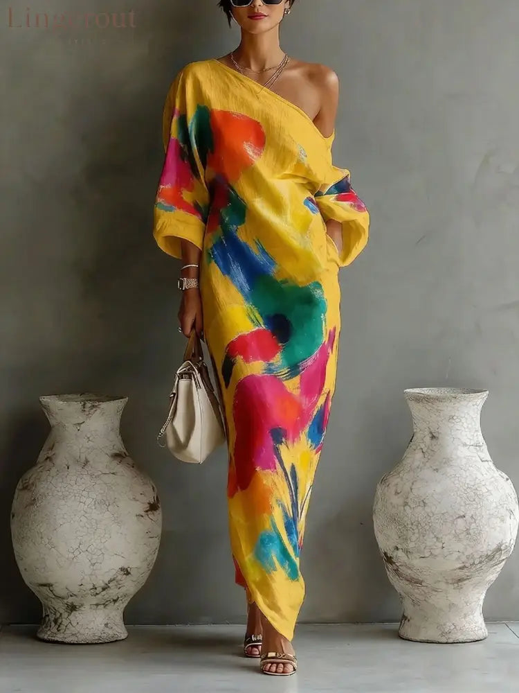 Women’s Artistic Print One-shoulder Maxi Dress