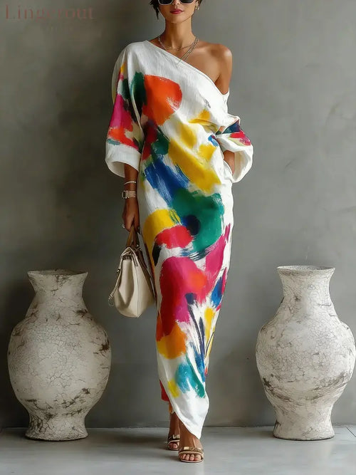 Women’s Artistic Print One-shoulder Maxi Dress - White / S