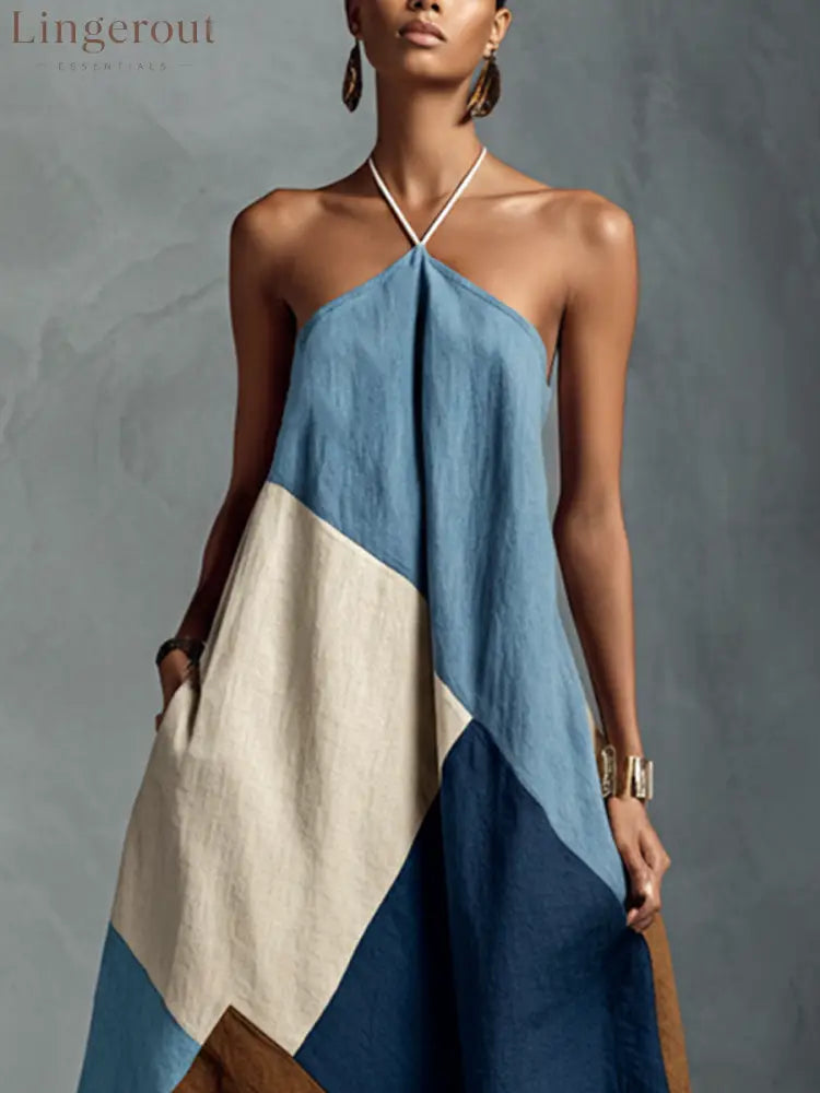 Women’s Bohemian Multi-color Cotton Linen Blend Patchwork Halter Maxi Dress