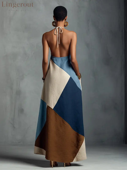 Women’s Bohemian Multi-color Cotton Linen Blend Patchwork Halter Maxi Dress