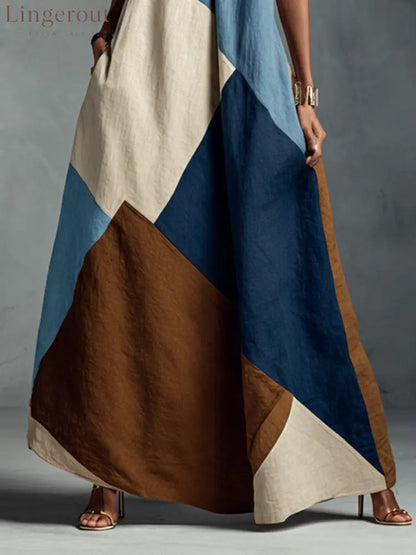 Women’s Bohemian Multi-color Cotton Linen Blend Patchwork Halter Maxi Dress