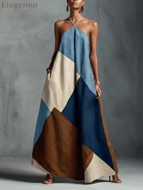 Women’s Bohemian Multi-color Cotton Linen Blend Patchwork Halter Maxi Dress - Blue / S