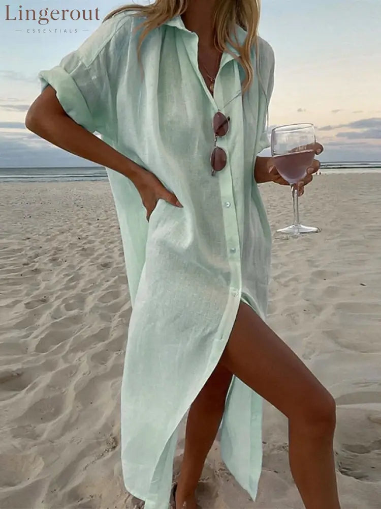 Women’s Maxi Dress Cotton Blend Shirt Dress - Light Green / S