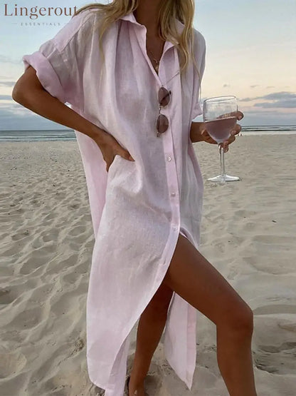 Women’s Maxi Dress Cotton Blend Shirt Dress - Pink / S