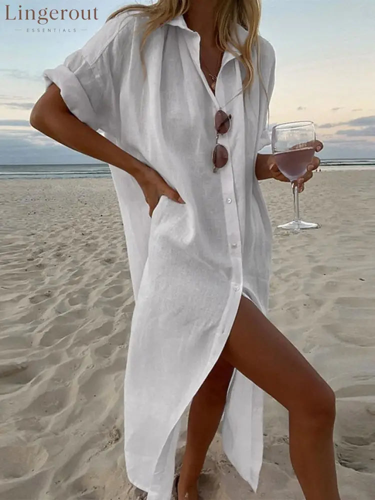 Women’s Maxi Dress Cotton Blend Shirt Dress - White / S