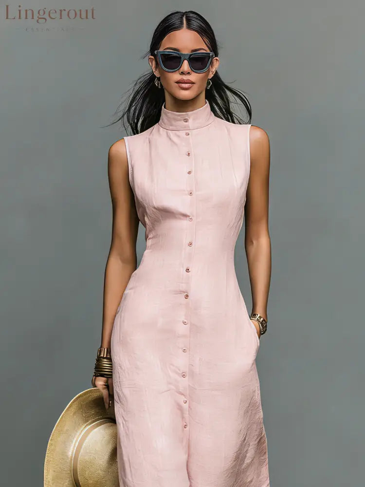 Women’s Minimalist Linen-Blend Stand-Collar Single-Breasted Sleeveless Maxi Dress