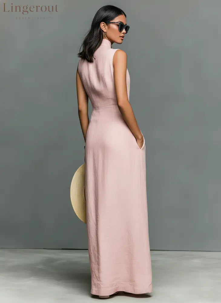Women’s Minimalist Linen-Blend Stand-Collar Single-Breasted Sleeveless Maxi Dress
