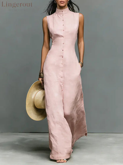 Women’s Minimalist Linen-Blend Stand-Collar Single-Breasted Sleeveless Maxi Dress - Light Pink / XS