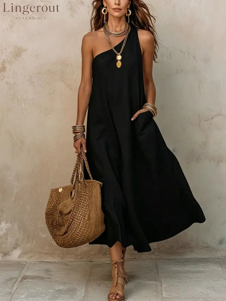 Women’s Off-shoulder Sleeveless Cotton-linen Dress - Black / S