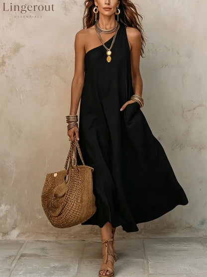 Women’s Off-shoulder Sleeveless Cotton-linen Dress - Black / S