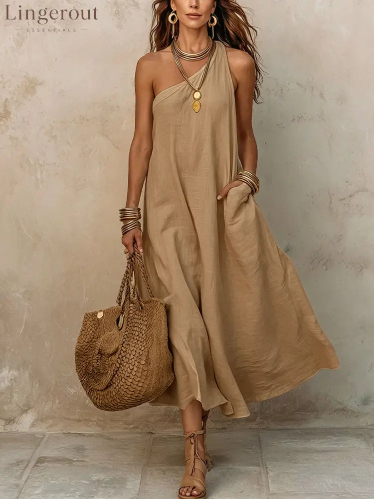 Women’s Off-shoulder Sleeveless Cotton-linen Dress - Khaki / S