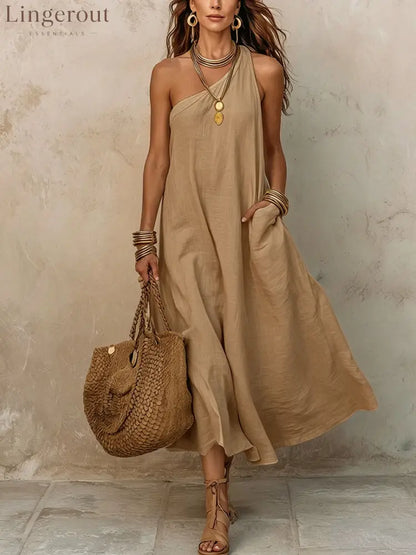 Women’s Off-shoulder Sleeveless Cotton-linen Dress - Khaki / S
