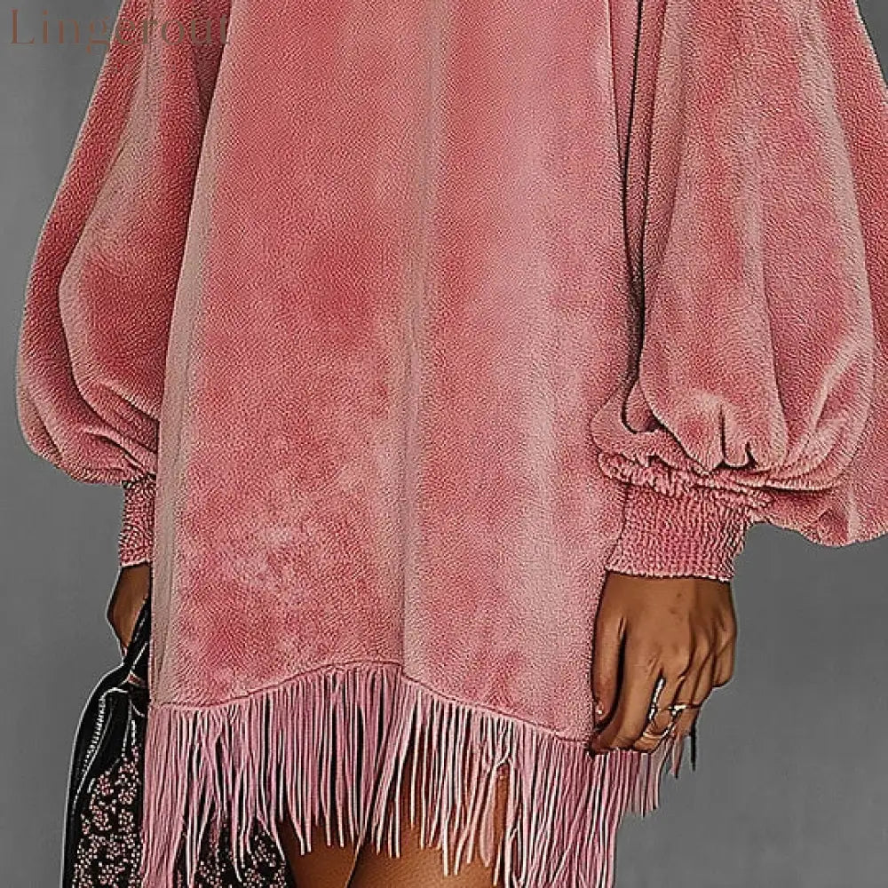 Women’s Pink Retro Velvet Stand Collar Fringe Dress