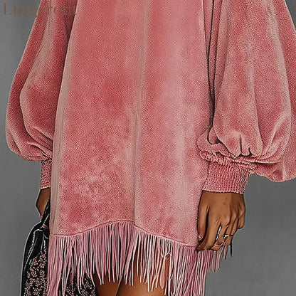 Women’s Pink Retro Velvet Stand Collar Fringe Dress
