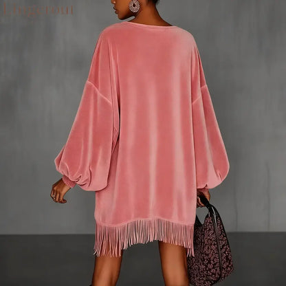 Women’s Pink Retro Velvet Stand Collar Fringe Dress
