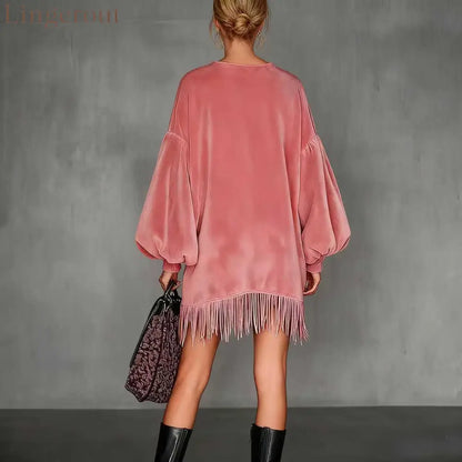 Women’s Pink Retro Velvet Stand Collar Fringe Dress