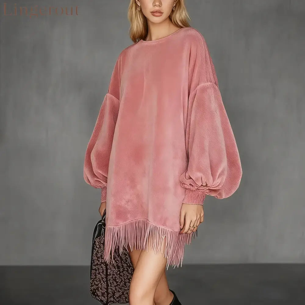 Women’s Pink Retro Velvet Stand Collar Fringe Dress - M