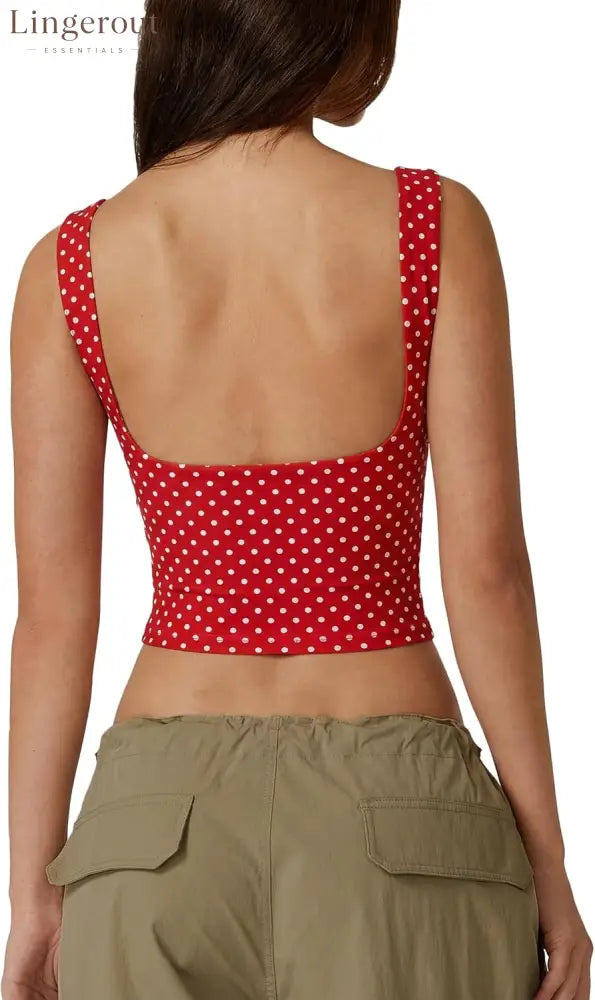 Women’s Sexy Open Back Sleeveless Crop Tank High Neck Slim Fit Cropped Tee Shirt Y2k Tops - Large / Red Polka Dots