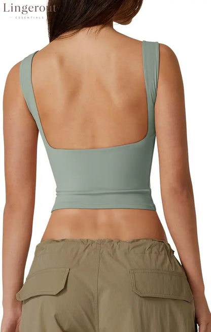 Women’s Sexy Open Back Sleeveless Crop Tank High Neck Slim Fit Cropped Tee Shirt Y2k Tops - Large / Smoke Green