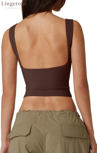 Women’s Sexy Open Back Sleeveless Crop Tank High Neck Slim Fit Cropped Tee Shirt Y2k Tops - Medium / Coffee Bean