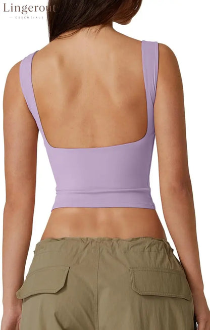 Women’s Sexy Open Back Sleeveless Crop Tank High Neck Slim Fit Cropped Tee Shirt Y2k Tops - Medium / Light Purple