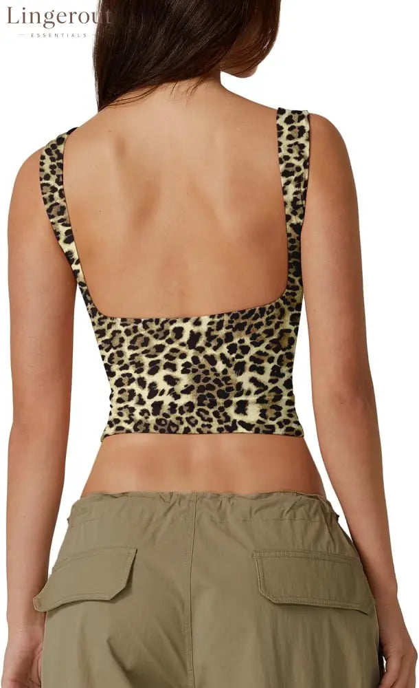 Women’s Sexy Open Back Sleeveless Crop Tank High Neck Slim Fit Cropped Tee Shirt Y2k Tops - Small / Leopard