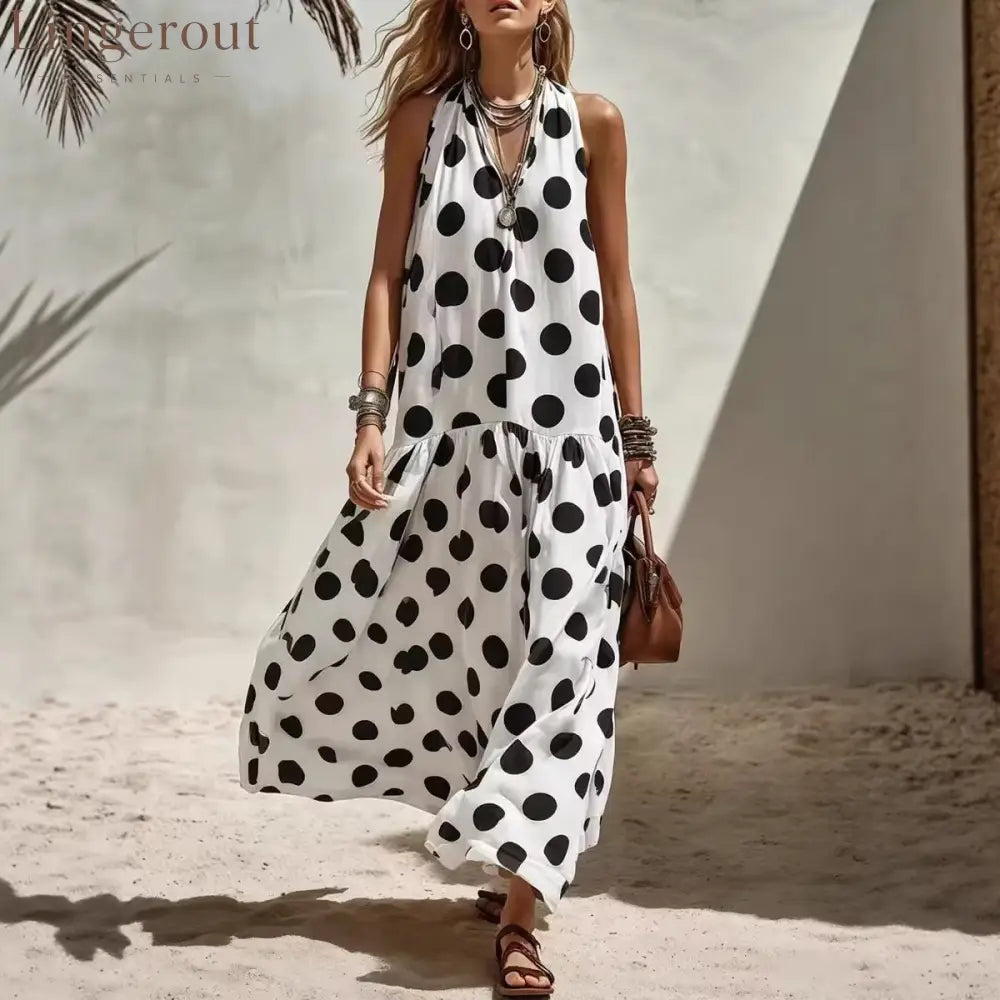 Women’s Sleeveless Casual Dress - Striped Polka Dot Print