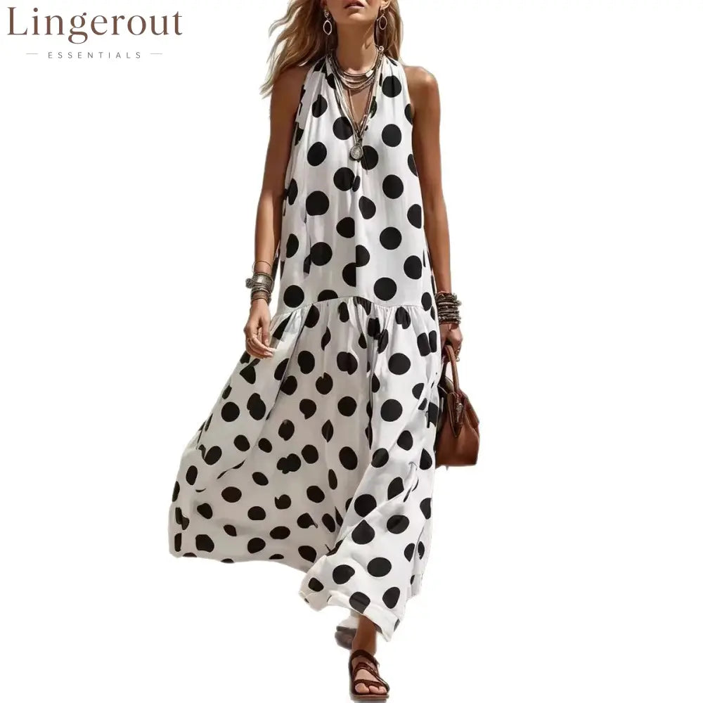 Women’s Sleeveless Casual Dress - Striped Polka Dot Print - White / S