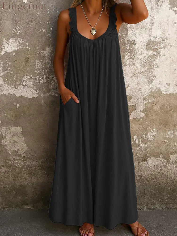 Women’s Solid Color Square-neck Sleeveless Casual Loose Cotton-linen Dress - Black / S