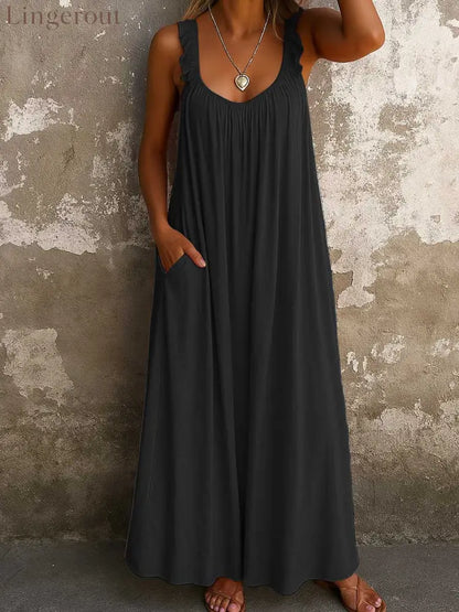 Women’s Solid Color Square-neck Sleeveless Casual Loose Cotton-linen Dress - Black / S