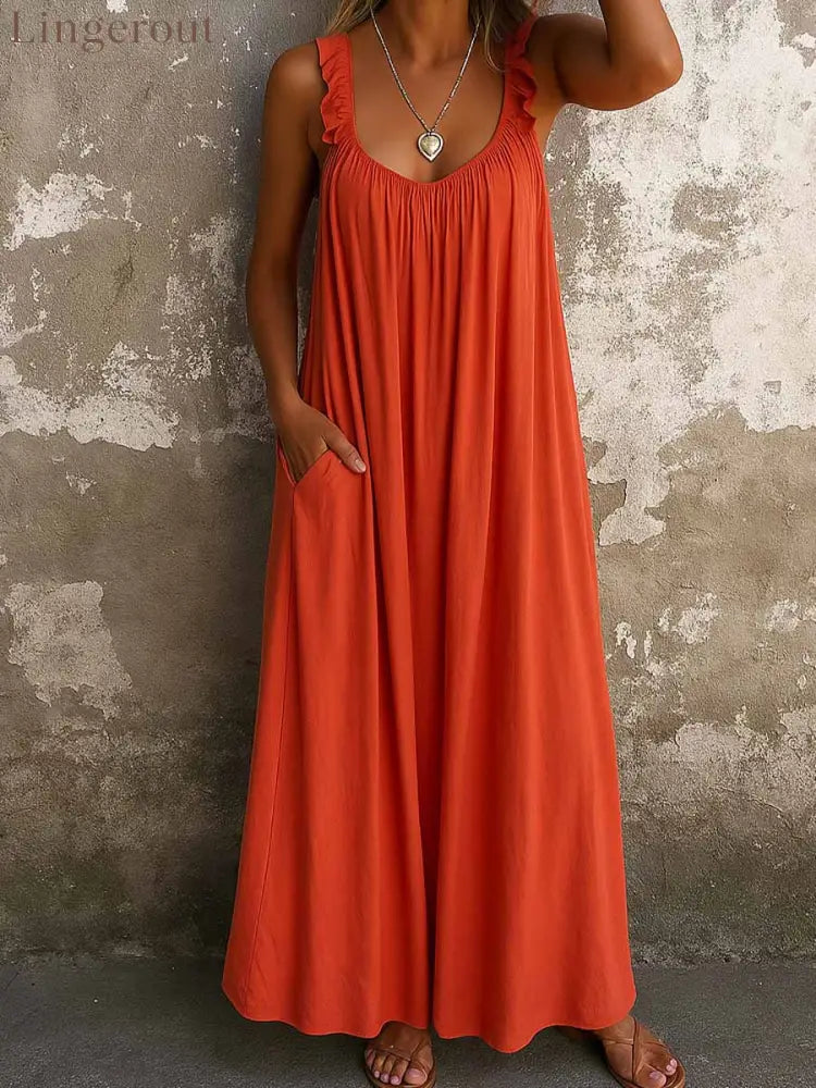 Women’s Solid Color Square-neck Sleeveless Casual Loose Cotton-linen Dress - Red / S