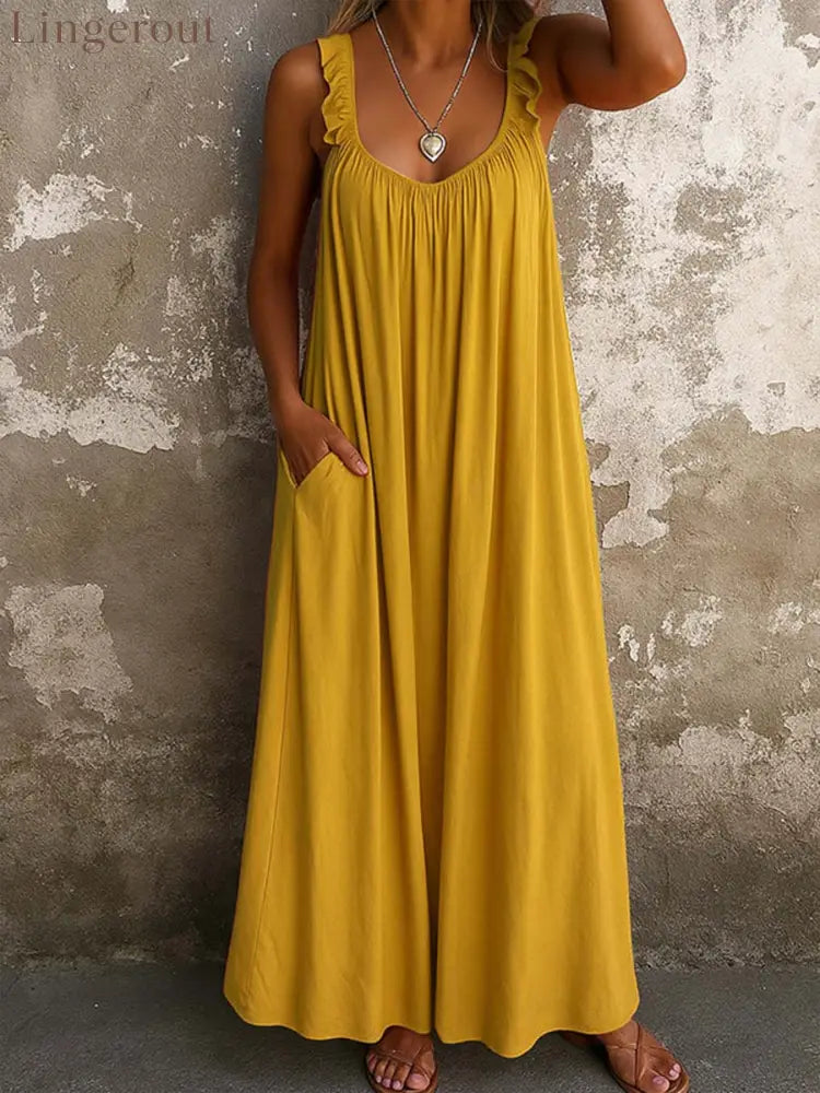 Women’s Solid Color Square-neck Sleeveless Casual Loose Cotton-linen Dress - Yellow / S