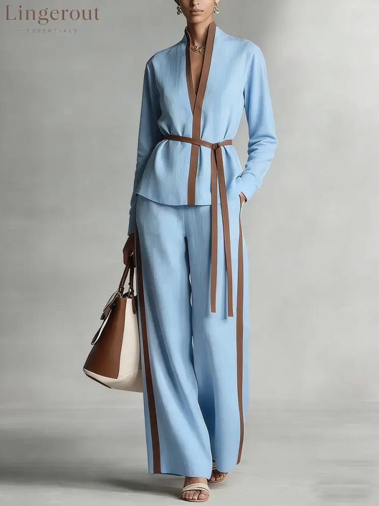 Women’s Stand Collar Long Sleeve Casual Loose Top High Waist Casual Loose Wide Leg Pants Cotton Linen Set - Blue / S