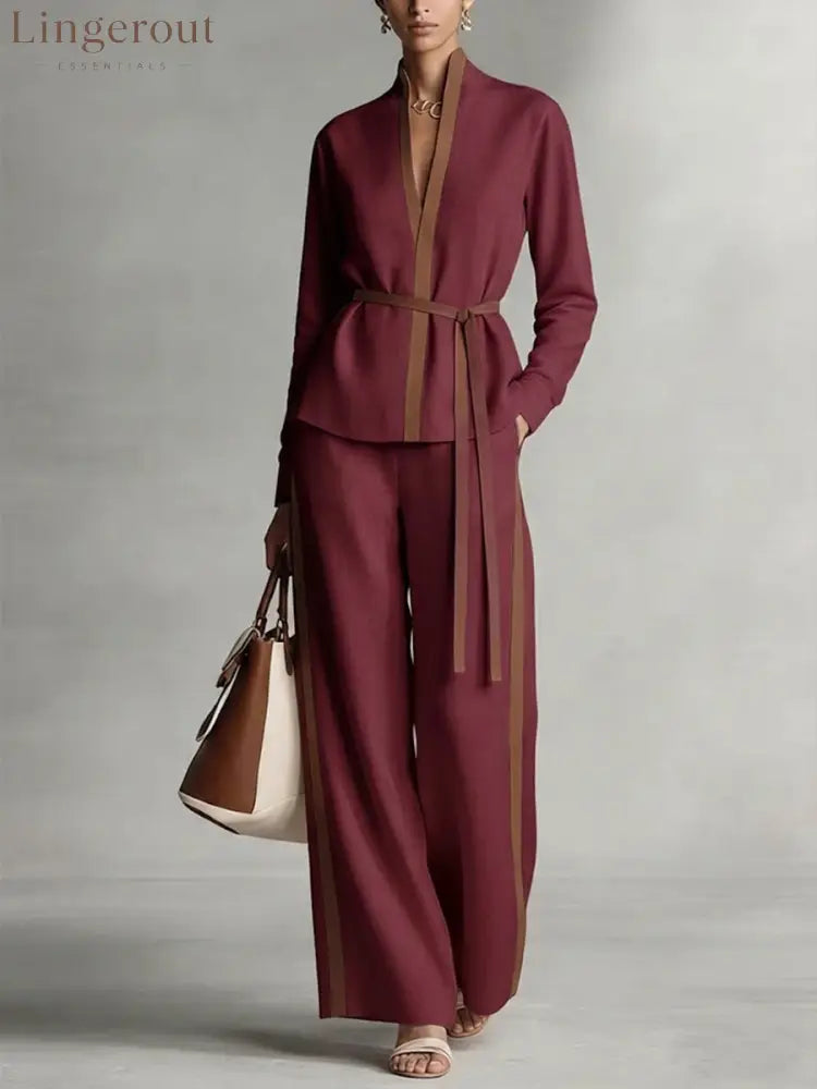 Women’s Stand Collar Long Sleeve Casual Loose Top High Waist Casual Loose Wide Leg Pants Cotton Linen Set - Burgundy / S