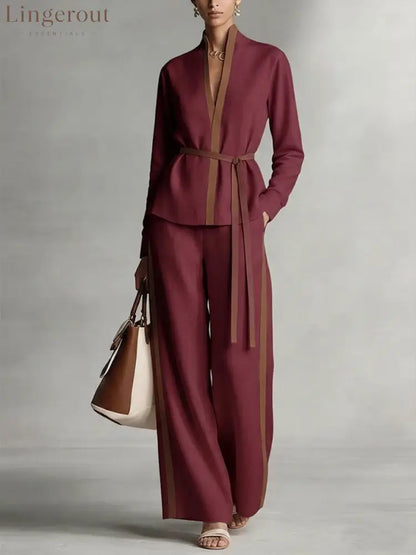 Women’s Stand Collar Long Sleeve Casual Loose Top High Waist Casual Loose Wide Leg Pants Cotton Linen Set - Burgundy / S