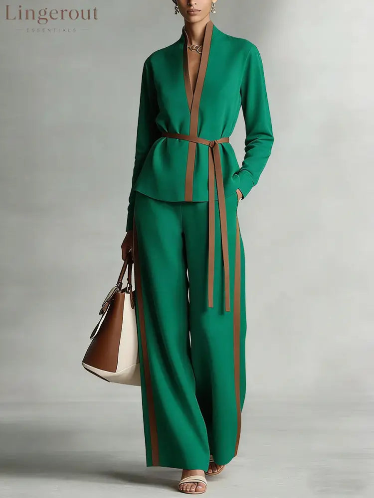 Women’s Stand Collar Long Sleeve Casual Loose Top High Waist Casual Loose Wide Leg Pants Cotton Linen Set - Green / S