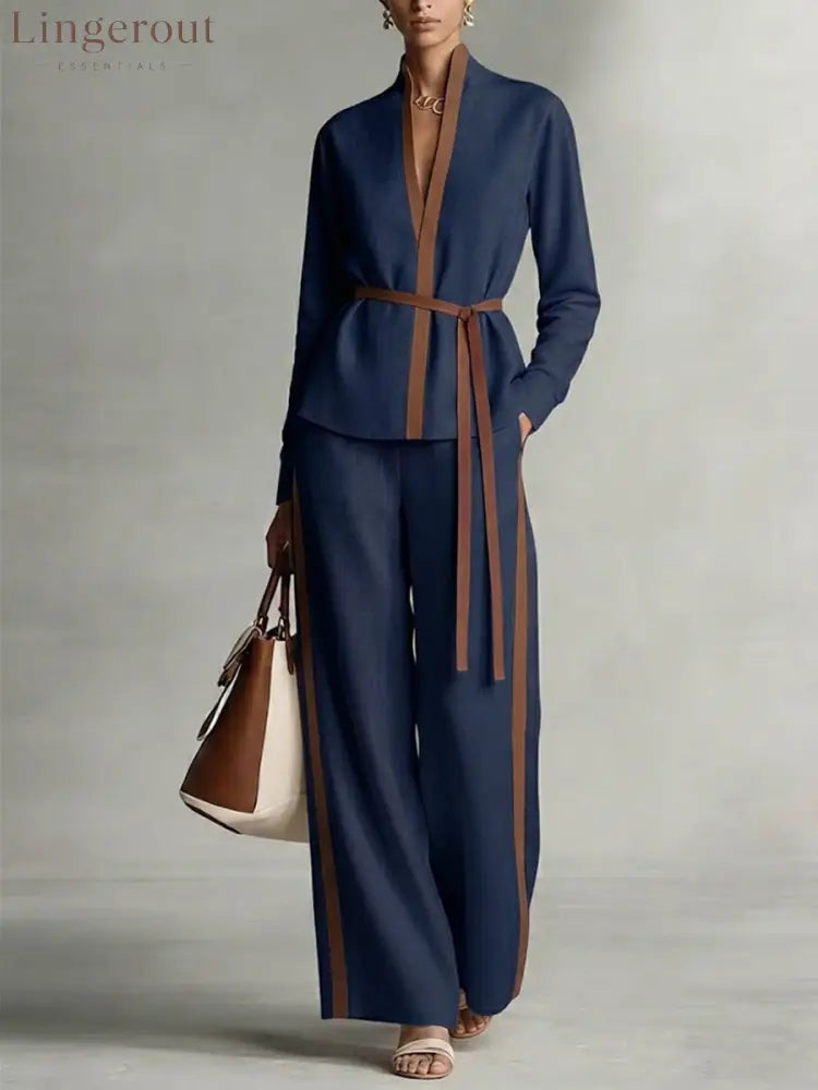 Women’s Stand Collar Long Sleeve Casual Loose Top High Waist Casual Loose Wide Leg Pants Cotton Linen Set - NavyBlue / S